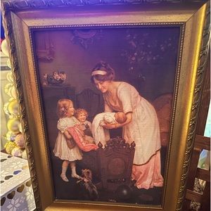 Victorian Framed wall art. Mother and baby with 2 kids.